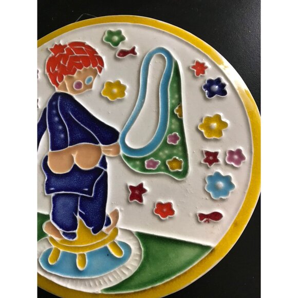Vtg Creazioni Luciano Made In Italy Ceramic Tile Colorful Handmade Little Boy - Picture 2 of 10